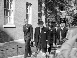 Winston Churchill August 1950 arrives with Anthony Eden at 10 Downing Street