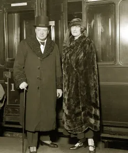 General Elections Prints: Winston Churchill British Prime Minister with wife Clementine Churchill about to board a