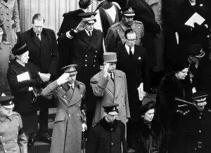 Saluting Prints: Winston Churchill funeral 1965 with royals and world leaders saluting on steps of St