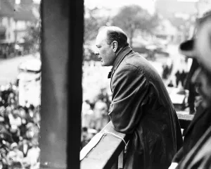 Balcony Prints: Winston Churchill Home Secretary addresses a meeting at Epping