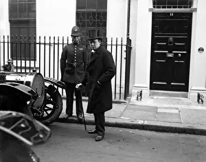 Front Door Prints: Winston Churchill MP Dundee (Liberal) pictured leaving house during Rail Strike