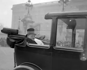 General Elections Prints: Winston Churchill is seen driving to Buckingham Palace to recieve the seal of
