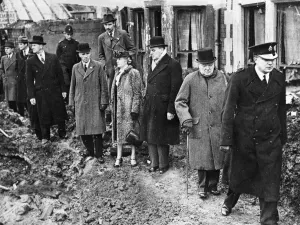 Somerset Prints: Winston Churchill, Sir Charles Maby and Mrs Churchill visit a bombed area in Bristol