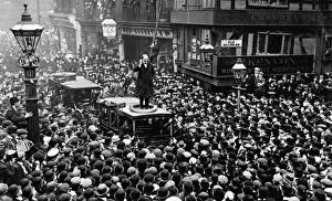Winston Churchill speaking from the top of a car in Manchester in April 1908