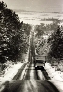 Winter weather, snow scenes, 14th January 1985 - Snow scene A68 looking north down