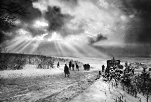 Warhorse1 Prints: A winters evening scene with troops and horses walking through the snow-covered French