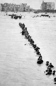 The withdrawal from Dunkirk in Northern France showing British Expeditionary Force troops
