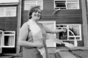 Stamps Prints: Woman with the 11, 000 trading stamps which came with her new house in Barn Close