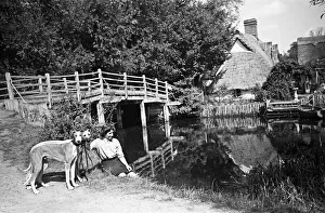 Bank Prints: A woman with two dogs at Flatford Mill, on the River Stour close to the Suffolk-Essex