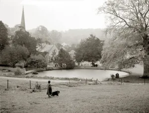 00157 Prints: A woman walking her border collie dog in the countryside Lake church trees field