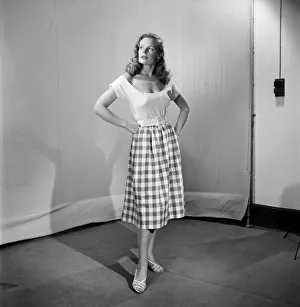 00011 Prints: Woman wearing checked checked skirt and white short sleeved top