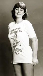 1980s Fashion Prints: Woman wearing t-shirt reading Official Hooligan - Spain 1982