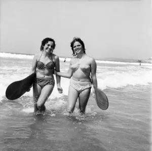 Women body boarding in the surf at Newquay June 1960 M4303-001