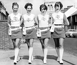 Women workers of British rail wearing the uniform of the company with mini skirts