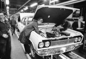 Production Line Prints: Women working on the Vauxhall Viscount production line at the Vauxhall motor factory in