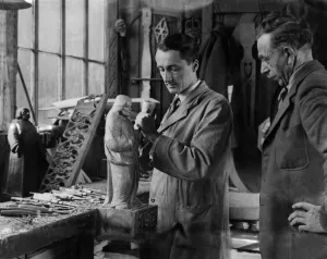 00036 Prints: Wood Carving: Mr. F. Thompson superintending the work in his stop at Kilburn Yorkshire