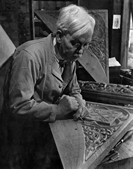 Craftsman Prints: Woodcarving: Mr. Donalson carving at the Old World Carving