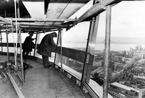 Urban Prints: Work going ahead on the fitting of windows in the revolving restaurant on the Ravenseft