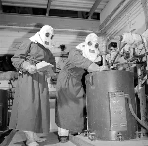 Heavy Prints: Workers wearing protective clothing at Dounreay Atomic Reactor near Thurso