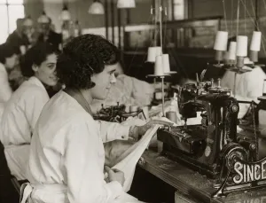 Production Line Prints: Workers at William Pretty and sons Ltd in Ipswich sitting at their Singer machines