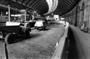 Working Conditions Prints: Workman were ripping up hundreds of expensive marble floor tiles after a British Rail bid