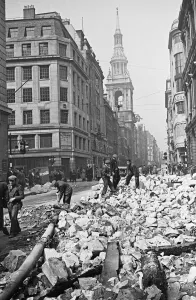 01491 Prints: Workmen clear rubble from the Cheapside, City of London, the spire of St Mary-le-Bow
