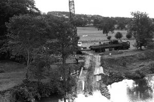 Workmen construct a £250, 000 temporary Bailey bridge over the River Tyne