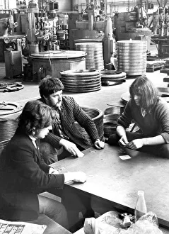 Workmen playing cards during a break at Leadgate Engineering in 1972