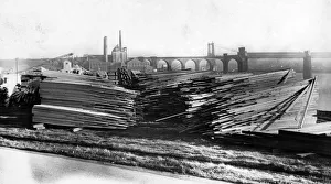 Wood Prints: A mill works with the Widnes-Runcorn Transporter Bridge in the background