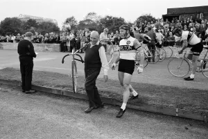 Former World Champion sprint cyclist Reg Harris pictured at the Fallowfield Racing track