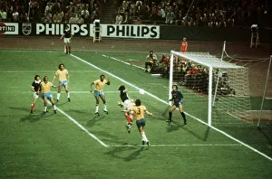 World Cup 1974 Scotland Brazil Joe Jordan heading ball at goal football