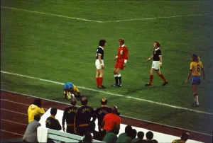 Officials Prints: World Cup 1974 Scotland v Brazil Referee Van Gemert has a word