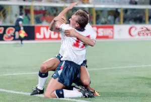 World Cup Prints: World Cup 1990 last 16 England 1 Belgium 0 David Platt celebrates the winner