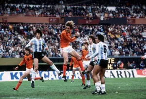 World Cup final 1978 Holland v Argentina football Johnny Rep in air centre