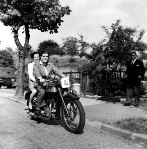 00039 Prints: World Speedway Champion Freddie Williams seen here learning to ride his bike on the road