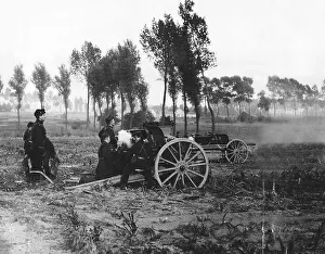 Belgian Prints: World War One - Belgian artillery in action as they fire their field guns 1914