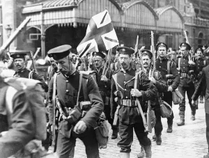 World War One British Royal Marines arrive at Ostend in Belgium to support troops