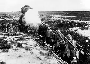 Guns Prints: World War One German troops in a trench attack the Allied forces with a flamethrower
