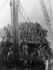 World War I British soldiers and their horses on board ship on their way across