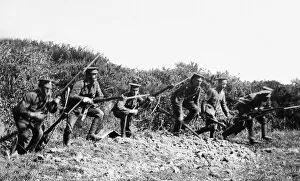 Images Dated 13th September 2012: World War I British troops charging from the trenches. The trenches of World War I have