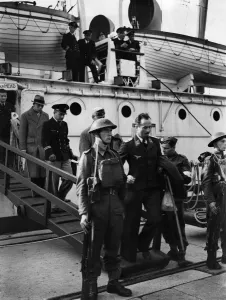 Troopship Prints: World War II POW s. Disembarking German prisoners from hospital ship Dinard