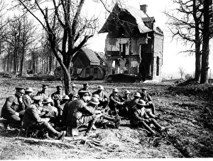 Break Prints: World War One Troops sitting outside bombed house in France May 1918