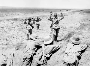 World War One - Turkish soldiers with their hands raised in the air surrender to Allied
