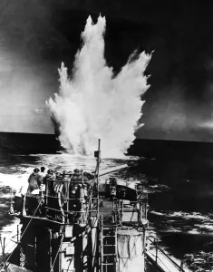 World War Two, Royal Navy destroyer drops depth charges on a German U-boat, April 1942