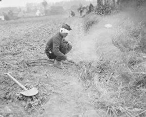 A wounded Belgian soldier lights a fire in a field close to the town of Haelen