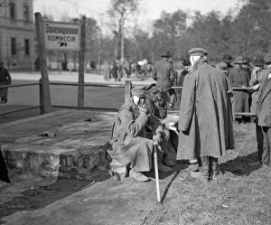 Bandages Prints: A wounded Russian and Austrian soldiers sitting side by side at Lemberg September 1914