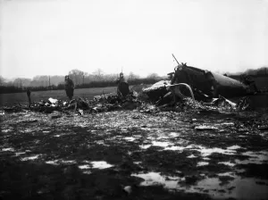 Wreckage Prints: The wreckage of a German bomber shot down by a RAF fighter over Southern England
