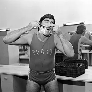 Wrestler Mark Rollerball Rocco seen here taking a shave before a bout November 1978