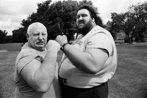 Wrestler Prints: Wrestlers Shirley Crabtree alias Big Daddy with fellow British wrestler Martin Ruane