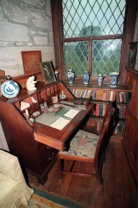 Writing desk in the sitting room of Glamis Castle Scotland where the Queen mother was